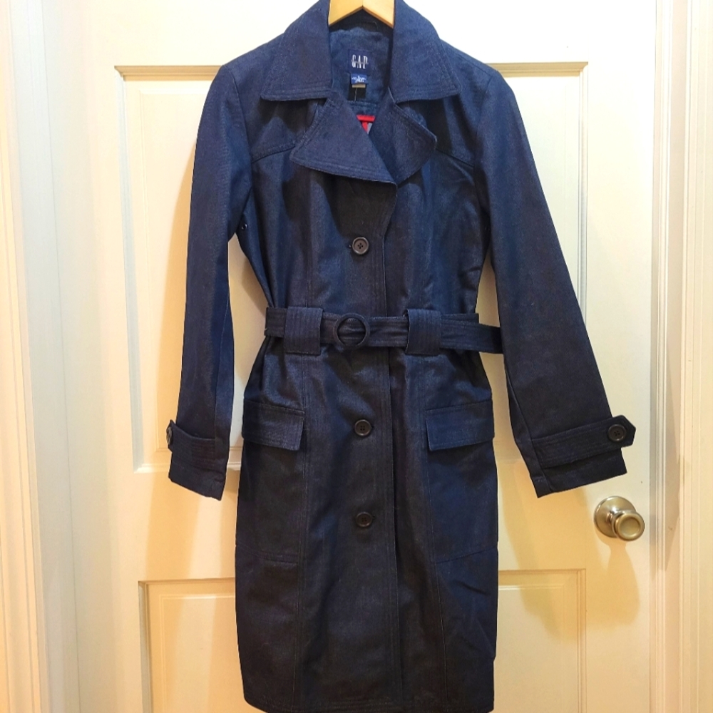 Gap Women's S Dark Denim Blue Belted Button Down Trench Coat Jean Coat